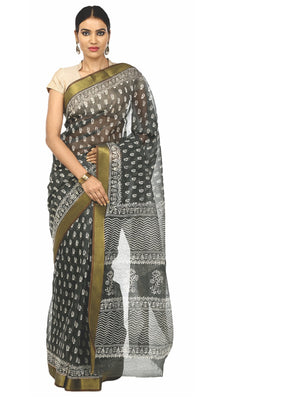 Charcoal Grey Sanganeri Block Print Cotton & Supernet Ttraditional Handcrafted Saree-Saree-Kalakari India-RDSNSA0023-Geographical Indication, Hand Blocks, Hand Crafted, Heritage Prints, Kota Doria, Sanganeri, Sarees, Sustainable Fabrics-[Linen,Ethnic,wear,Fashionista,Handloom,Handicraft,Indigo,blockprint,block,print,Cotton,Chanderi,Blue, latest,classy,party,bollywood,trendy,summer,style,traditional,formal,elegant,unique,style,hand,block,print, dabu,booti,gift,present,glamorous,affordable,collect