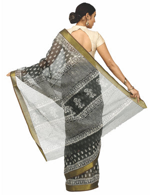 Charcoal Grey Sanganeri Block Print Cotton & Supernet Ttraditional Handcrafted Saree-Saree-Kalakari India-RDSNSA0023-Geographical Indication, Hand Blocks, Hand Crafted, Heritage Prints, Kota Doria, Sanganeri, Sarees, Sustainable Fabrics-[Linen,Ethnic,wear,Fashionista,Handloom,Handicraft,Indigo,blockprint,block,print,Cotton,Chanderi,Blue, latest,classy,party,bollywood,trendy,summer,style,traditional,formal,elegant,unique,style,hand,block,print, dabu,booti,gift,present,glamorous,affordable,collect