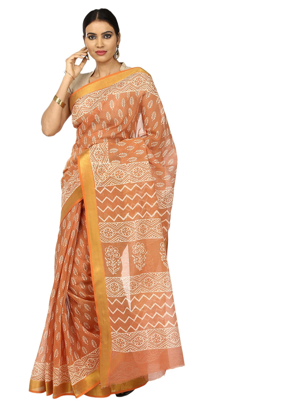 Orange Sanganeri Block Print Cotton & Supernet Ttraditional Handcrafted Saree-Saree-Kalakari India-RDSNSA0025-Geographical Indication, Hand Blocks, Hand Crafted, Heritage Prints, Kota Doria, Sanganeri, Sarees, Sustainable Fabrics-[Linen,Ethnic,wear,Fashionista,Handloom,Handicraft,Indigo,blockprint,block,print,Cotton,Chanderi,Blue, latest,classy,party,bollywood,trendy,summer,style,traditional,formal,elegant,unique,style,hand,block,print, dabu,booti,gift,present,glamorous,affordable,collectible,Sa