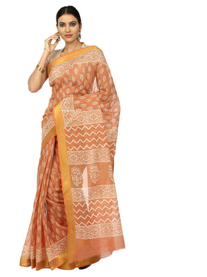 Orange Sanganeri Block Print Cotton & Supernet Ttraditional Handcrafted Saree-Saree-Kalakari India-RDSNSA0025-Geographical Indication, Hand Blocks, Hand Crafted, Heritage Prints, Kota Doria, Sanganeri, Sarees, Sustainable Fabrics-[Linen,Ethnic,wear,Fashionista,Handloom,Handicraft,Indigo,blockprint,block,print,Cotton,Chanderi,Blue, latest,classy,party,bollywood,trendy,summer,style,traditional,formal,elegant,unique,style,hand,block,print, dabu,booti,gift,present,glamorous,affordable,collectible,Sa