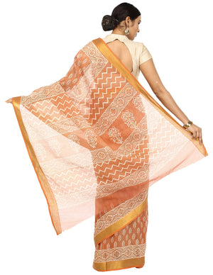 Orange Sanganeri Block Print Cotton & Supernet Ttraditional Handcrafted Saree-Saree-Kalakari India-RDSNSA0025-Geographical Indication, Hand Blocks, Hand Crafted, Heritage Prints, Kota Doria, Sanganeri, Sarees, Sustainable Fabrics-[Linen,Ethnic,wear,Fashionista,Handloom,Handicraft,Indigo,blockprint,block,print,Cotton,Chanderi,Blue, latest,classy,party,bollywood,trendy,summer,style,traditional,formal,elegant,unique,style,hand,block,print, dabu,booti,gift,present,glamorous,affordable,collectible,Sa