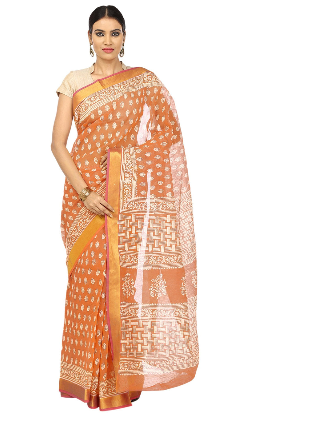 Orange Sanganeri Hand Block Print Cotton Kota Doria Supernet Handcrafted Saree-Saree-Kalakari India-RDSNSA0026-Geographical Indication, Hand Blocks, Hand Crafted, Heritage Prints, Kota Doria, Sanganeri, Sarees, Sustainable Fabrics-[Linen,Ethnic,wear,Fashionista,Handloom,Handicraft,Indigo,blockprint,block,print,Cotton,Chanderi,Blue, latest,classy,party,bollywood,trendy,summer,style,traditional,formal,elegant,unique,style,hand,block,print, dabu,booti,gift,present,glamorous,affordable,collectible,S
