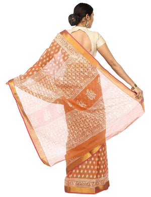 Orange Sanganeri Hand Block Print Cotton Kota Doria Supernet Handcrafted Saree-Saree-Kalakari India-RDSNSA0026-Geographical Indication, Hand Blocks, Hand Crafted, Heritage Prints, Kota Doria, Sanganeri, Sarees, Sustainable Fabrics-[Linen,Ethnic,wear,Fashionista,Handloom,Handicraft,Indigo,blockprint,block,print,Cotton,Chanderi,Blue, latest,classy,party,bollywood,trendy,summer,style,traditional,formal,elegant,unique,style,hand,block,print, dabu,booti,gift,present,glamorous,affordable,collectible,S