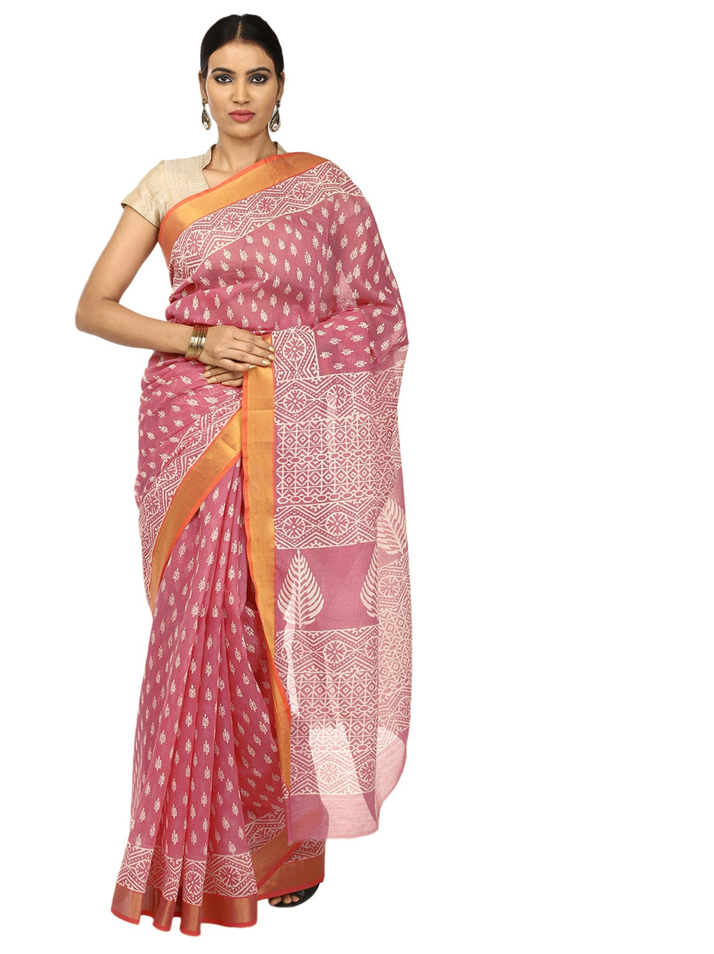 Orange Sanganeri Hand Block Print Cotton Kota Doria Supernet Handcrafted Saree-Saree-Kalakari India-RDSNSA0028-Geographical Indication, Hand Blocks, Hand Crafted, Heritage Prints, Kota Doria, Sanganeri, Sarees, Sustainable Fabrics-[Linen,Ethnic,wear,Fashionista,Handloom,Handicraft,Indigo,blockprint,block,print,Cotton,Chanderi,Blue, latest,classy,party,bollywood,trendy,summer,style,traditional,formal,elegant,unique,style,hand,block,print, dabu,booti,gift,present,glamorous,affordable,collectible,S