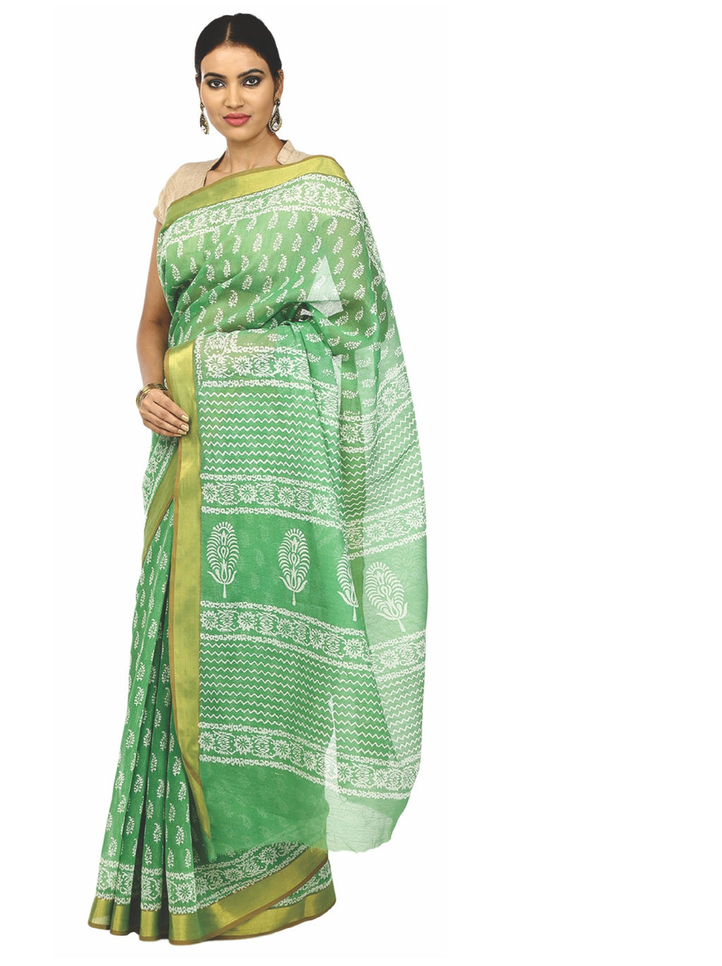 Green Sanganeri Hand Block Print Cotton Kota Doria Supernet Handcrafted Saree-Saree-Kalakari India-RDSNSA0030-Geographical Indication, Hand Blocks, Hand Crafted, Heritage Prints, Kota Doria, Sanganeri, Sarees, Sustainable Fabrics-[Linen,Ethnic,wear,Fashionista,Handloom,Handicraft,Indigo,blockprint,block,print,Cotton,Chanderi,Blue, latest,classy,party,bollywood,trendy,summer,style,traditional,formal,elegant,unique,style,hand,block,print, dabu,booti,gift,present,glamorous,affordable,collectible,Sa