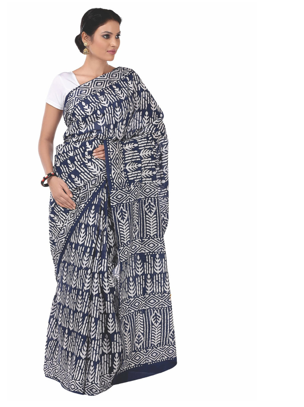 Navy Blue Batik Hand Block Print Handcrafted Cotton Saree-Saree-Kalakari India-RDSNSA0034-Batik, Cotton, Geographical Indication, Hand Blocks, Hand Crafted, Heritage Prints, Sarees, Sustainable Fabrics-[Linen,Ethnic,wear,Fashionista,Handloom,Handicraft,Indigo,blockprint,block,print,Cotton,Chanderi,Blue, latest,classy,party,bollywood,trendy,summer,style,traditional,formal,elegant,unique,style,hand,block,print, dabu,booti,gift,present,glamorous,affordable,collectible,Sari,Saree,printed, holi, Diwa