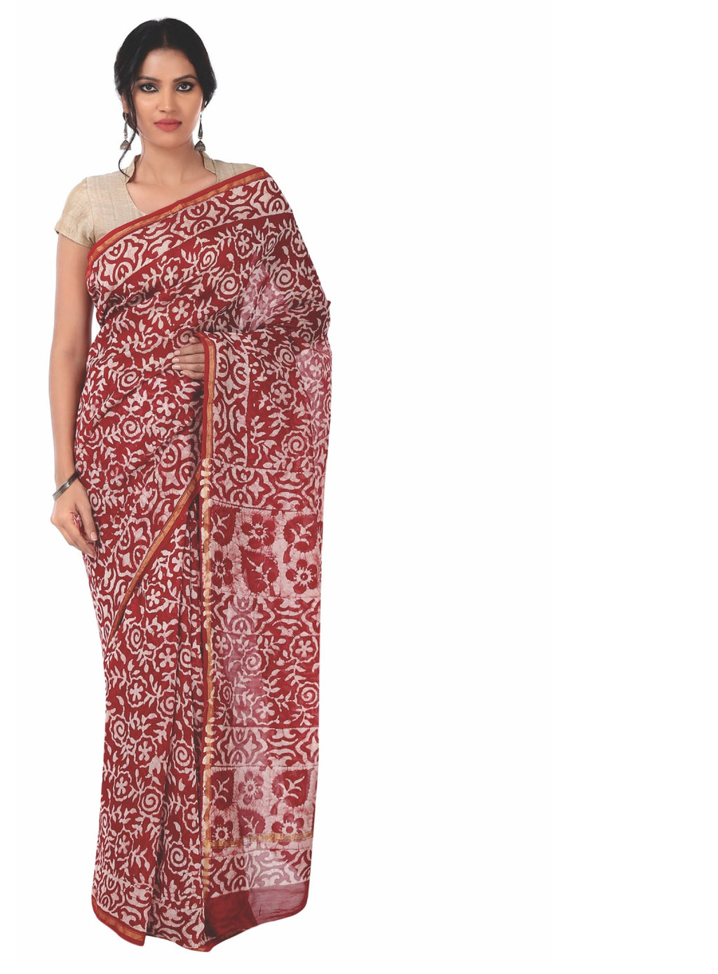 Red & White Chanderi Silk Batik Hand Block Print Handcrafted Saree-Saree-Kalakari India-RDSNSA0035-Batik, Chanderi, Geographical Indication, Hand Blocks, Hand Crafted, Heritage Prints, Sarees, Silk, Sustainable Fabrics-[Linen,Ethnic,wear,Fashionista,Handloom,Handicraft,Indigo,blockprint,block,print,Cotton,Chanderi,Blue, latest,classy,party,bollywood,trendy,summer,style,traditional,formal,elegant,unique,style,hand,block,print, dabu,booti,gift,present,glamorous,affordable,collectible,Sari,Saree,pr