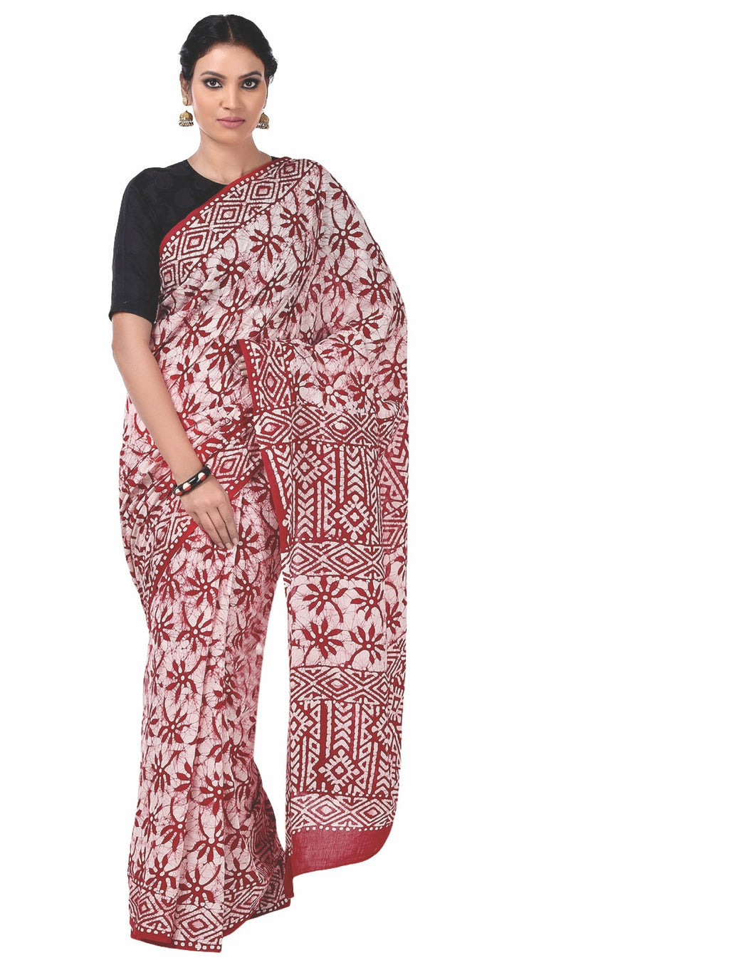 Red & White Batik Hand Block Print Handcrafted Cotton Saree-Saree-Kalakari India-RDSNSA0036-Batik, Cotton, Geographical Indication, Hand Blocks, Hand Crafted, Heritage Prints, Sarees, Sustainable Fabrics-[Linen,Ethnic,wear,Fashionista,Handloom,Handicraft,Indigo,blockprint,block,print,Cotton,Chanderi,Blue, latest,classy,party,bollywood,trendy,summer,style,traditional,formal,elegant,unique,style,hand,block,print, dabu,booti,gift,present,glamorous,affordable,collectible,Sari,Saree,printed, holi, Di