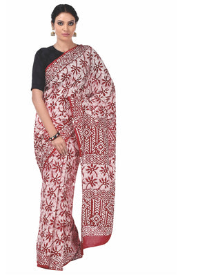 Red & White Batik Hand Block Print Handcrafted Cotton Saree-Saree-Kalakari India-RDSNSA0036-Batik, Cotton, Geographical Indication, Hand Blocks, Hand Crafted, Heritage Prints, Sarees, Sustainable Fabrics-[Linen,Ethnic,wear,Fashionista,Handloom,Handicraft,Indigo,blockprint,block,print,Cotton,Chanderi,Blue, latest,classy,party,bollywood,trendy,summer,style,traditional,formal,elegant,unique,style,hand,block,print, dabu,booti,gift,present,glamorous,affordable,collectible,Sari,Saree,printed, holi, Di