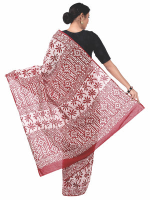 Red & White Batik Hand Block Print Handcrafted Cotton Saree-Saree-Kalakari India-RDSNSA0036-Batik, Cotton, Geographical Indication, Hand Blocks, Hand Crafted, Heritage Prints, Sarees, Sustainable Fabrics-[Linen,Ethnic,wear,Fashionista,Handloom,Handicraft,Indigo,blockprint,block,print,Cotton,Chanderi,Blue, latest,classy,party,bollywood,trendy,summer,style,traditional,formal,elegant,unique,style,hand,block,print, dabu,booti,gift,present,glamorous,affordable,collectible,Sari,Saree,printed, holi, Di