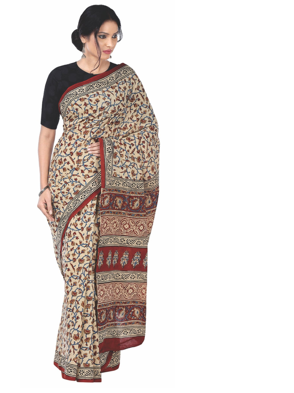 Red & Beige Kalamkari Hand Block Print Handcrafted Cotton Saree-Saree-Kalakari India-RDSNSA0038-Cotton, Geographical Indication, Hand Blocks, Hand Crafted, Heritage Prints, Kalamkari Block, Sarees, Sustainable Fabrics-[Linen,Ethnic,wear,Fashionista,Handloom,Handicraft,Indigo,blockprint,block,print,Cotton,Chanderi,Blue, latest,classy,party,bollywood,trendy,summer,style,traditional,formal,elegant,unique,style,hand,block,print, dabu,booti,gift,present,glamorous,affordable,collectible,Sari,Saree,pri