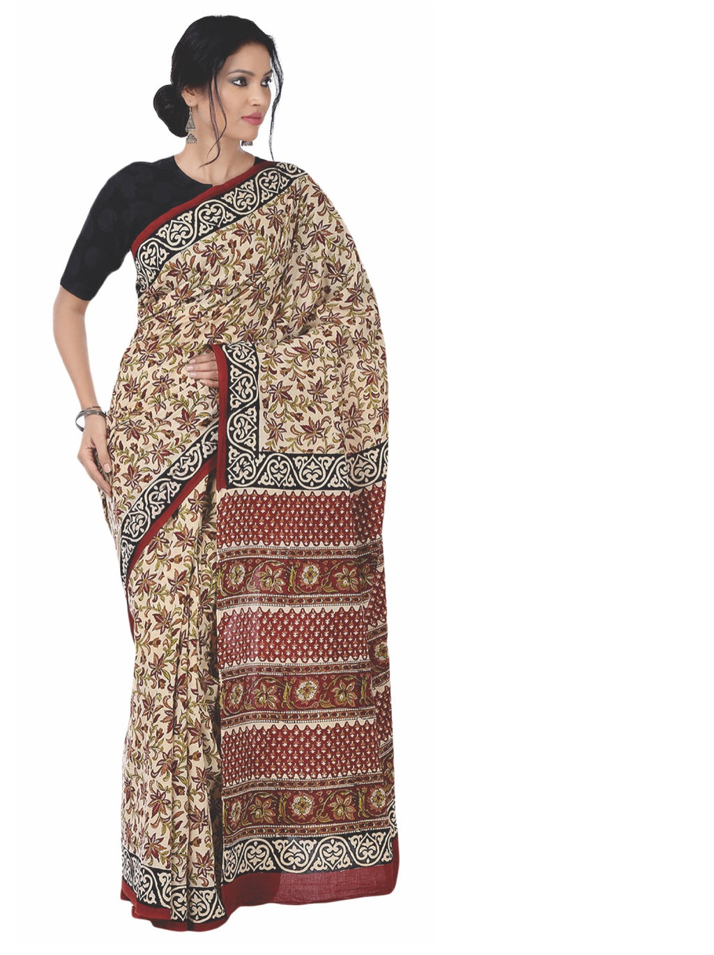 Red & Beige Kalamkari Hand Block Print Handcrafted Cotton Saree-Saree-Kalakari India-RDSNSA0041-Cotton, Geographical Indication, Hand Blocks, Hand Crafted, Heritage Prints, Kalamkari Block, Sarees, Sustainable Fabrics-[Linen,Ethnic,wear,Fashionista,Handloom,Handicraft,Indigo,blockprint,block,print,Cotton,Chanderi,Blue, latest,classy,party,bollywood,trendy,summer,style,traditional,formal,elegant,unique,style,hand,block,print, dabu,booti,gift,present,glamorous,affordable,collectible,Sari,Saree,pri