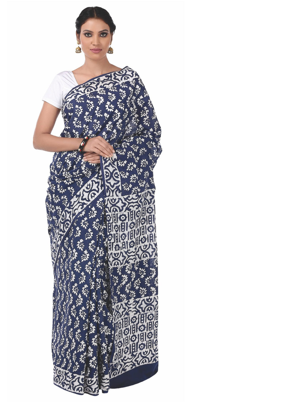 Blue & White Kalamkari Hand Block Print Handcrafted Cotton Saree-Saree-Kalakari India-RDSNSA0042-Batik, Cotton, Geographical Indication, Hand Blocks, Hand Crafted, Heritage Prints, kalamkari block, Sarees, Sustainable Fabrics-[Linen,Ethnic,wear,Fashionista,Handloom,Handicraft,Indigo,blockprint,block,print,Cotton,Chanderi,Blue, latest,classy,party,bollywood,trendy,summer,style,traditional,formal,elegant,unique,style,hand,block,print, dabu,booti,gift,present,glamorous,affordable,collectible,Sari,S