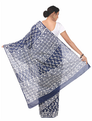 Blue & White Kalamkari Hand Block Print Handcrafted Cotton Saree-Saree-Kalakari India-RDSNSA0042-Batik, Cotton, Geographical Indication, Hand Blocks, Hand Crafted, Heritage Prints, kalamkari block, Sarees, Sustainable Fabrics-[Linen,Ethnic,wear,Fashionista,Handloom,Handicraft,Indigo,blockprint,block,print,Cotton,Chanderi,Blue, latest,classy,party,bollywood,trendy,summer,style,traditional,formal,elegant,unique,style,hand,block,print, dabu,booti,gift,present,glamorous,affordable,collectible,Sari,S