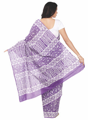 Purple Batik Hand Block Print Handcrafted Cotton Saree-Saree-Kalakari India-RDSNSA0045-Batik, Cotton, Geographical Indication, Hand Blocks, Hand Crafted, Heritage Prints, Sarees, Sustainable Fabrics-[Linen,Ethnic,wear,Fashionista,Handloom,Handicraft,Indigo,blockprint,block,print,Cotton,Chanderi,Blue, latest,classy,party,bollywood,trendy,summer,style,traditional,formal,elegant,unique,style,hand,block,print, dabu,booti,gift,present,glamorous,affordable,collectible,Sari,Saree,printed, holi, Diwali,