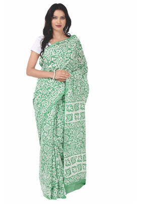 Green & White Batik Hand Block Print Handcrafted Cotton Saree-Saree-Kalakari India-RDSNSA0046-Batik, Cotton, Geographical Indication, Hand Blocks, Hand Crafted, Heritage Prints, Sarees, Sustainable Fabrics-[Linen,Ethnic,wear,Fashionista,Handloom,Handicraft,Indigo,blockprint,block,print,Cotton,Chanderi,Blue, latest,classy,party,bollywood,trendy,summer,style,traditional,formal,elegant,unique,style,hand,block,print, dabu,booti,gift,present,glamorous,affordable,collectible,Sari,Saree,printed, holi, 