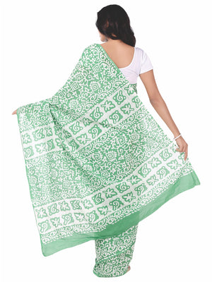 Green & White Batik Hand Block Print Handcrafted Cotton Saree-Saree-Kalakari India-RDSNSA0046-Batik, Cotton, Geographical Indication, Hand Blocks, Hand Crafted, Heritage Prints, Sarees, Sustainable Fabrics-[Linen,Ethnic,wear,Fashionista,Handloom,Handicraft,Indigo,blockprint,block,print,Cotton,Chanderi,Blue, latest,classy,party,bollywood,trendy,summer,style,traditional,formal,elegant,unique,style,hand,block,print, dabu,booti,gift,present,glamorous,affordable,collectible,Sari,Saree,printed, holi, 