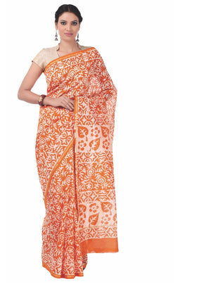 Orange Chanderi Silk Batik Hand Block Print Handcrafted Saree-Saree-Kalakari India-RDSNSA0049-Batik, Chanderi, Geographical Indication, Hand Blocks, Hand Crafted, Heritage Prints, Sarees, Silk, Sustainable Fabrics-[Linen,Ethnic,wear,Fashionista,Handloom,Handicraft,Indigo,blockprint,block,print,Cotton,Chanderi,Blue, latest,classy,party,bollywood,trendy,summer,style,traditional,formal,elegant,unique,style,hand,block,print, dabu,booti,gift,present,glamorous,affordable,collectible,Sari,Saree,printed