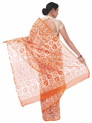 Orange Chanderi Silk Batik Hand Block Print Handcrafted Saree-Saree-Kalakari India-RDSNSA0049-Batik, Chanderi, Geographical Indication, Hand Blocks, Hand Crafted, Heritage Prints, Sarees, Silk, Sustainable Fabrics-[Linen,Ethnic,wear,Fashionista,Handloom,Handicraft,Indigo,blockprint,block,print,Cotton,Chanderi,Blue, latest,classy,party,bollywood,trendy,summer,style,traditional,formal,elegant,unique,style,hand,block,print, dabu,booti,gift,present,glamorous,affordable,collectible,Sari,Saree,printed