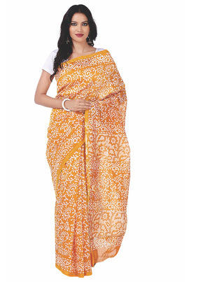 Yellow Chanderi Silk Batik Hand Block Print Handcrafted Saree-Saree-Kalakari India-RDSNSA0051-Batik, Chanderi, Geographical Indication, Hand Blocks, Hand Crafted, Heritage Prints, Sarees, Silk, Sustainable Fabrics-[Linen,Ethnic,wear,Fashionista,Handloom,Handicraft,Indigo,blockprint,block,print,Cotton,Chanderi,Blue, latest,classy,party,bollywood,trendy,summer,style,traditional,formal,elegant,unique,style,hand,block,print, dabu,booti,gift,present,glamorous,affordable,collectible,Sari,Saree,printed