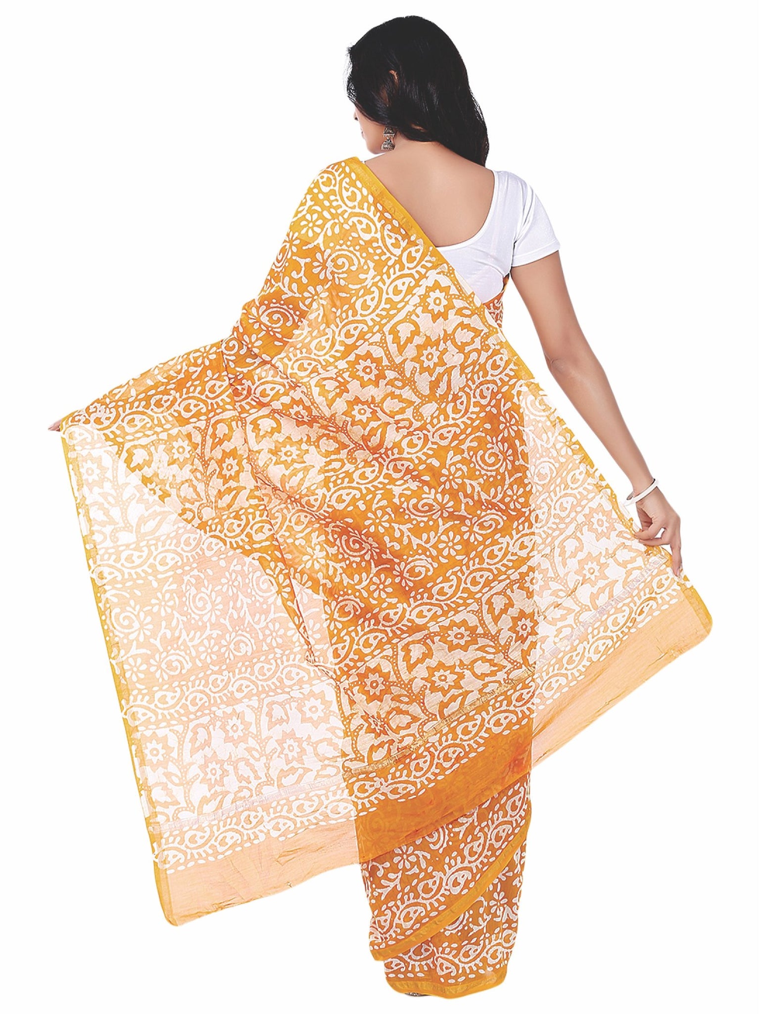 Yellow Chanderi Silk Batik Hand Block Print Handcrafted Saree-Saree-Kalakari India-RDSNSA0051-Batik, Chanderi, Geographical Indication, Hand Blocks, Hand Crafted, Heritage Prints, Sarees, Silk, Sustainable Fabrics-[Linen,Ethnic,wear,Fashionista,Handloom,Handicraft,Indigo,blockprint,block,print,Cotton,Chanderi,Blue, latest,classy,party,bollywood,trendy,summer,style,traditional,formal,elegant,unique,style,hand,block,print, dabu,booti,gift,present,glamorous,affordable,collectible,Sari,Saree,printed