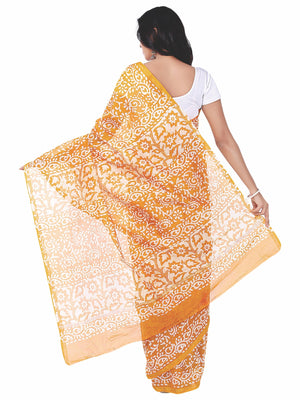Yellow Chanderi Silk Batik Hand Block Print Handcrafted Saree-Saree-Kalakari India-RDSNSA0051-Batik, Chanderi, Geographical Indication, Hand Blocks, Hand Crafted, Heritage Prints, Sarees, Silk, Sustainable Fabrics-[Linen,Ethnic,wear,Fashionista,Handloom,Handicraft,Indigo,blockprint,block,print,Cotton,Chanderi,Blue, latest,classy,party,bollywood,trendy,summer,style,traditional,formal,elegant,unique,style,hand,block,print, dabu,booti,gift,present,glamorous,affordable,collectible,Sari,Saree,printed