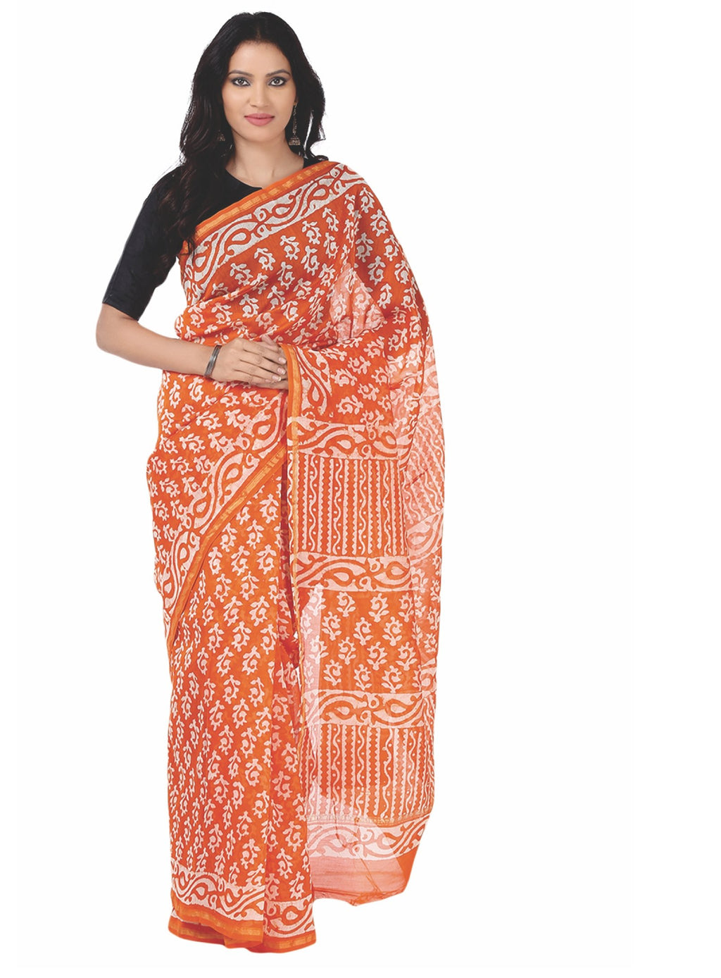 Orange Chanderi Silk Batik Hand Block Print Handcrafted Saree-Saree-Kalakari India-RDSNSA0052-Batik, Chanderi, Geographical Indication, Hand Blocks, Hand Crafted, Heritage Prints, Sarees, Silk, Sustainable Fabrics-[Linen,Ethnic,wear,Fashionista,Handloom,Handicraft,Indigo,blockprint,block,print,Cotton,Chanderi,Blue, latest,classy,party,bollywood,trendy,summer,style,traditional,formal,elegant,unique,style,hand,block,print, dabu,booti,gift,present,glamorous,affordable,collectible,Sari,Saree,printed
