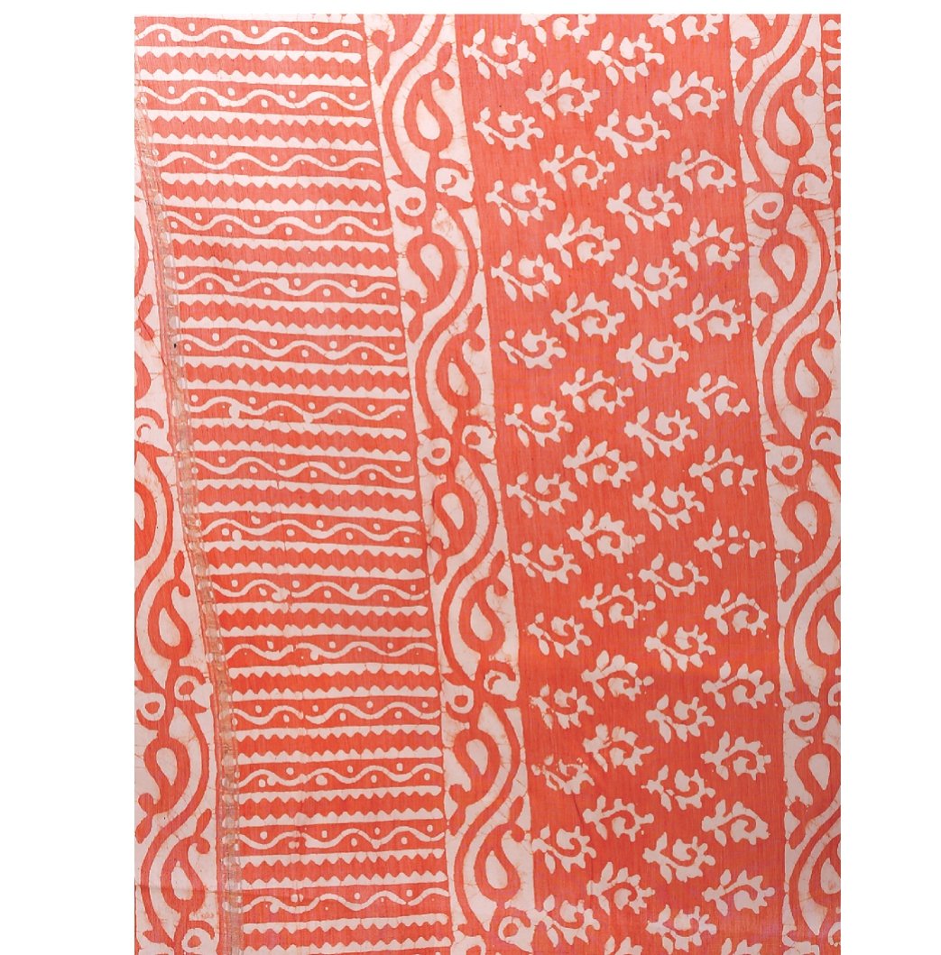 Orange Chanderi Silk Batik Hand Block Print Handcrafted Saree-Saree-Kalakari India-RDSNSA0052-Batik, Chanderi, Geographical Indication, Hand Blocks, Hand Crafted, Heritage Prints, Sarees, Silk, Sustainable Fabrics-[Linen,Ethnic,wear,Fashionista,Handloom,Handicraft,Indigo,blockprint,block,print,Cotton,Chanderi,Blue, latest,classy,party,bollywood,trendy,summer,style,traditional,formal,elegant,unique,style,hand,block,print, dabu,booti,gift,present,glamorous,affordable,collectible,Sari,Saree,printed