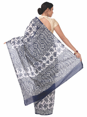 Blue & White Cotton Batik Hand Block Print Handcrafted Saree-Saree-Kalakari India-RDSNSA0054-Batik, Cotton, Geographical Indication, Hand Blocks, Hand Crafted, Heritage Prints, Sarees, Sustainable Fabrics-[Linen,Ethnic,wear,Fashionista,Handloom,Handicraft,Indigo,blockprint,block,print,Cotton,Chanderi,Blue, latest,classy,party,bollywood,trendy,summer,style,traditional,formal,elegant,unique,style,hand,block,print, dabu,booti,gift,present,glamorous,affordable,collectible,Sari,Saree,printed, holi, D
