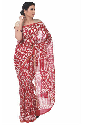 Red Chanderi Silk Batik Hand Block Print Handcrafted Saree-Saree-Kalakari India-RDSNSA0055-Batik, Chanderi, Geographical Indication, Hand Blocks, Hand Crafted, Heritage Prints, Sarees, Silk, Sustainable Fabrics-[Linen,Ethnic,wear,Fashionista,Handloom,Handicraft,Indigo,blockprint,block,print,Cotton,Chanderi,Blue, latest,classy,party,bollywood,trendy,summer,style,traditional,formal,elegant,unique,style,hand,block,print, dabu,booti,gift,present,glamorous,affordable,collectible,Sari,Saree,printed, h