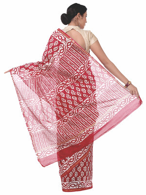 Red Chanderi Silk Batik Hand Block Print Handcrafted Saree-Saree-Kalakari India-RDSNSA0055-Batik, Chanderi, Geographical Indication, Hand Blocks, Hand Crafted, Heritage Prints, Sarees, Silk, Sustainable Fabrics-[Linen,Ethnic,wear,Fashionista,Handloom,Handicraft,Indigo,blockprint,block,print,Cotton,Chanderi,Blue, latest,classy,party,bollywood,trendy,summer,style,traditional,formal,elegant,unique,style,hand,block,print, dabu,booti,gift,present,glamorous,affordable,collectible,Sari,Saree,printed, h