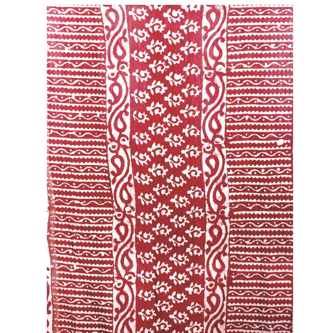 Red Chanderi Silk Batik Hand Block Print Handcrafted Saree-Saree-Kalakari India-RDSNSA0055-Batik, Chanderi, Geographical Indication, Hand Blocks, Hand Crafted, Heritage Prints, Sarees, Silk, Sustainable Fabrics-[Linen,Ethnic,wear,Fashionista,Handloom,Handicraft,Indigo,blockprint,block,print,Cotton,Chanderi,Blue, latest,classy,party,bollywood,trendy,summer,style,traditional,formal,elegant,unique,style,hand,block,print, dabu,booti,gift,present,glamorous,affordable,collectible,Sari,Saree,printed, h