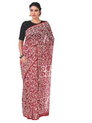Red & White Chanderi Silk Batik Hand Block Print Handcrafted Saree-Saree-Kalakari India-RDSNSA0056-Batik, Chanderi, Geographical Indication, Hand Blocks, Hand Crafted, Heritage Prints, Sarees, Silk, Sustainable Fabrics-[Linen,Ethnic,wear,Fashionista,Handloom,Handicraft,Indigo,blockprint,block,print,Cotton,Chanderi,Blue, latest,classy,party,bollywood,trendy,summer,style,traditional,formal,elegant,unique,style,hand,block,print, dabu,booti,gift,present,glamorous,affordable,collectible,Sari,Saree,pr