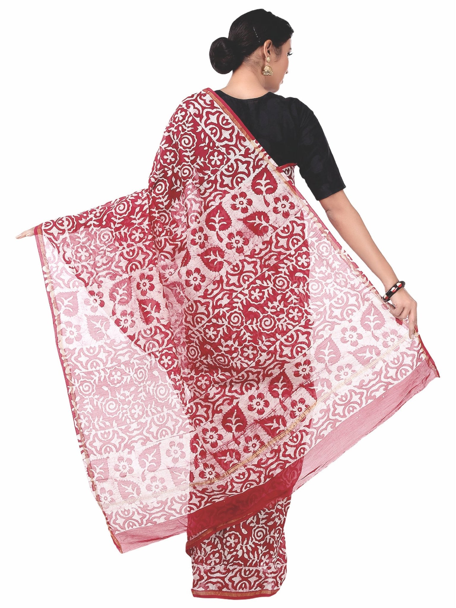 Red & White Chanderi Silk Batik Hand Block Print Handcrafted Saree-Saree-Kalakari India-RDSNSA0056-Batik, Chanderi, Geographical Indication, Hand Blocks, Hand Crafted, Heritage Prints, Sarees, Silk, Sustainable Fabrics-[Linen,Ethnic,wear,Fashionista,Handloom,Handicraft,Indigo,blockprint,block,print,Cotton,Chanderi,Blue, latest,classy,party,bollywood,trendy,summer,style,traditional,formal,elegant,unique,style,hand,block,print, dabu,booti,gift,present,glamorous,affordable,collectible,Sari,Saree,pr