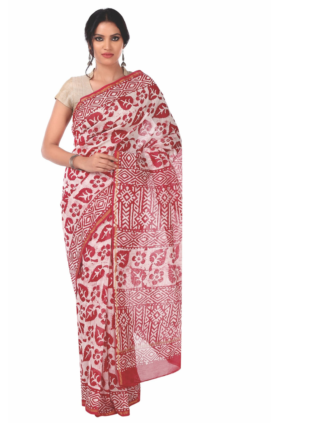Red Chanderi Silk Batik Hand Block Print Handcrafted Saree-Saree-Kalakari India-RDSNSA0058-Batik, Chanderi, Geographical Indication, Hand Blocks, Hand Crafted, Heritage Prints, Sarees, Silk, Sustainable Fabrics-[Linen,Ethnic,wear,Fashionista,Handloom,Handicraft,Indigo,blockprint,block,print,Cotton,Chanderi,Blue, latest,classy,party,bollywood,trendy,summer,style,traditional,formal,elegant,unique,style,hand,block,print, dabu,booti,gift,present,glamorous,affordable,collectible,Sari,Saree,printed, h