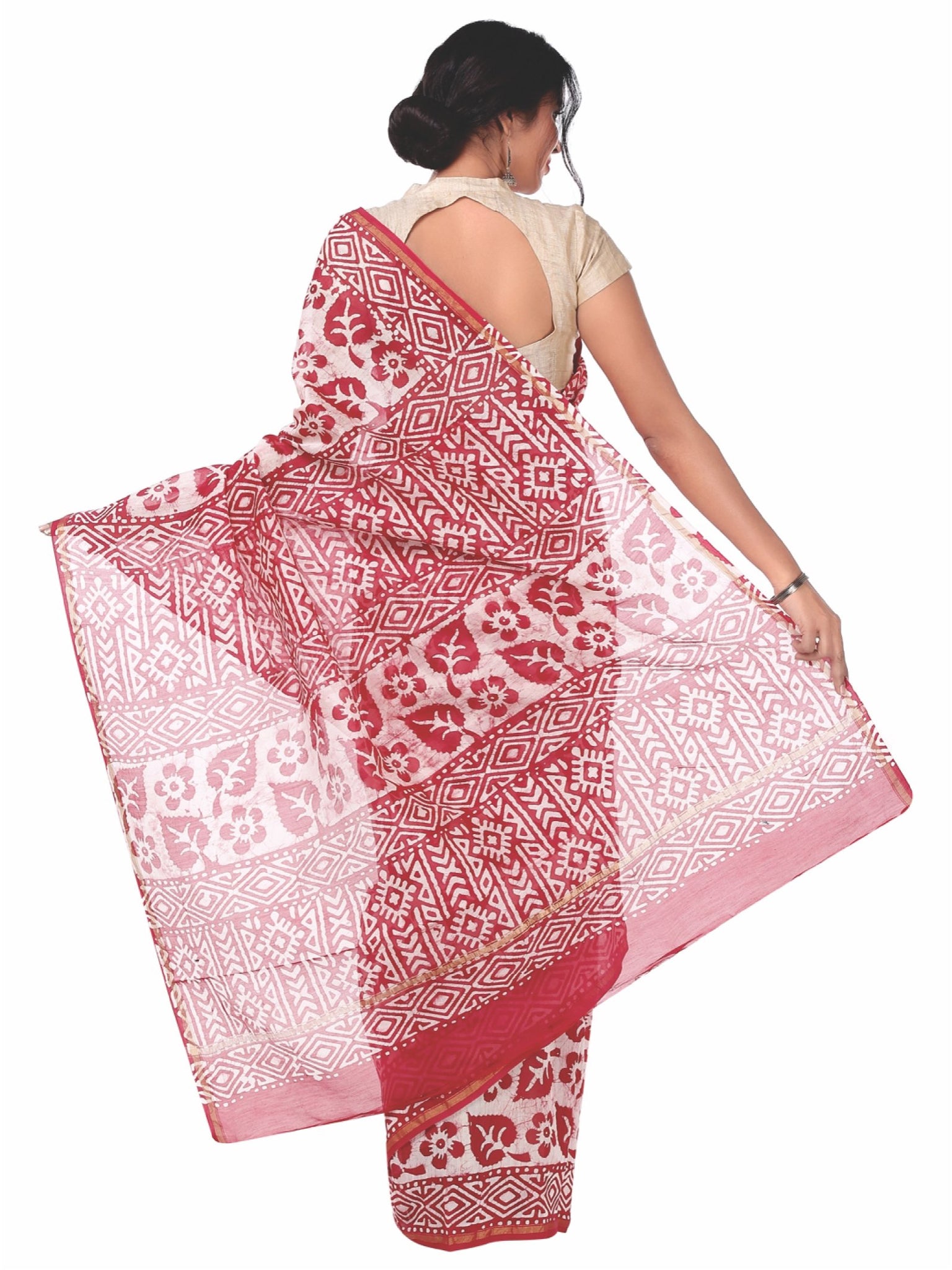 Red Chanderi Silk Batik Hand Block Print Handcrafted Saree-Saree-Kalakari India-RDSNSA0058-Batik, Chanderi, Geographical Indication, Hand Blocks, Hand Crafted, Heritage Prints, Sarees, Silk, Sustainable Fabrics-[Linen,Ethnic,wear,Fashionista,Handloom,Handicraft,Indigo,blockprint,block,print,Cotton,Chanderi,Blue, latest,classy,party,bollywood,trendy,summer,style,traditional,formal,elegant,unique,style,hand,block,print, dabu,booti,gift,present,glamorous,affordable,collectible,Sari,Saree,printed, h