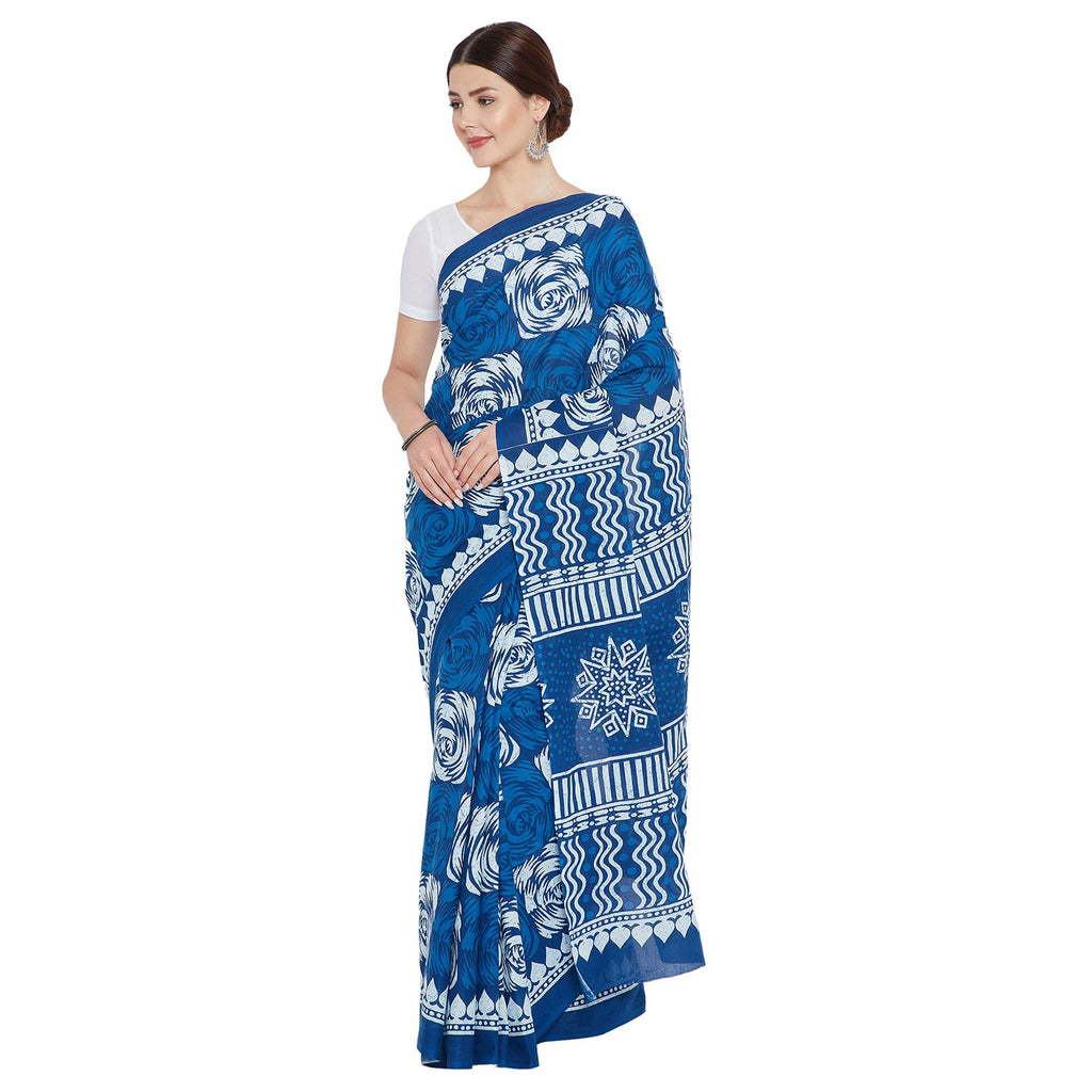 Blue Indigo Screen Print Handcrafted Cotton Saree-Saree-Kalakari India-RDSNSA0106-Cotton, Geographical Indication, Hand Blocks, Hand Crafted, Heritage Prints, Indigo, Sarees, Screen Print, Sustainable Fabrics-[Linen,Ethnic,wear,Fashionista,Handloom,Handicraft,Indigo,blockprint,block,print,Cotton,Chanderi,Blue, latest,classy,party,bollywood,trendy,summer,style,traditional,formal,elegant,unique,style,hand,block,print, dabu,booti,gift,present,glamorous,affordable,collectible,Sari,Saree,printed, hol