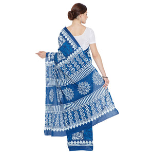 Blue Indigo Screen Print Handcrafted Cotton Saree-Saree-Kalakari India-RDSNSA0106-Cotton, Geographical Indication, Hand Blocks, Hand Crafted, Heritage Prints, Indigo, Sarees, Screen Print, Sustainable Fabrics-[Linen,Ethnic,wear,Fashionista,Handloom,Handicraft,Indigo,blockprint,block,print,Cotton,Chanderi,Blue, latest,classy,party,bollywood,trendy,summer,style,traditional,formal,elegant,unique,style,hand,block,print, dabu,booti,gift,present,glamorous,affordable,collectible,Sari,Saree,printed, hol