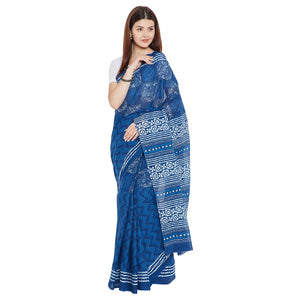 Blue Indigo Screen Print Handcrafted Cotton Saree-Saree-Kalakari India-RDSNSA0107-Cotton, Geographical Indication, Hand Blocks, Hand Crafted, Heritage Prints, Indigo, Sarees, Screen Print, Sustainable Fabrics-[Linen,Ethnic,wear,Fashionista,Handloom,Handicraft,Indigo,blockprint,block,print,Cotton,Chanderi,Blue, latest,classy,party,bollywood,trendy,summer,style,traditional,formal,elegant,unique,style,hand,block,print, dabu,booti,gift,present,glamorous,affordable,collectible,Sari,Saree,printed, hol