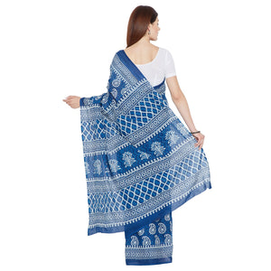 Blue Indigo Screen Print Handcrafted Cotton Saree-Saree-Kalakari India-RDSNSA0108-Cotton, Geographical Indication, Hand Blocks, Hand Crafted, Heritage Prints, Indigo, Sarees, Screen Print, Sustainable Fabrics-[Linen,Ethnic,wear,Fashionista,Handloom,Handicraft,Indigo,blockprint,block,print,Cotton,Chanderi,Blue, latest,classy,party,bollywood,trendy,summer,style,traditional,formal,elegant,unique,style,hand,block,print, dabu,booti,gift,present,glamorous,affordable,collectible,Sari,Saree,printed, hol