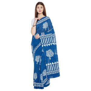 Blue Indigo Screen Print Handcrafted Cotton Saree-Saree-Kalakari India-RDSNSA0109-Cotton, Geographical Indication, Hand Blocks, Hand Crafted, Heritage Prints, Indigo, Sarees, Screen Print, Sustainable Fabrics-[Linen,Ethnic,wear,Fashionista,Handloom,Handicraft,Indigo,blockprint,block,print,Cotton,Chanderi,Blue, latest,classy,party,bollywood,trendy,summer,style,traditional,formal,elegant,unique,style,hand,block,print, dabu,booti,gift,present,glamorous,affordable,collectible,Sari,Saree,printed, hol