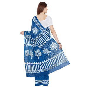 Blue Indigo Screen Print Handcrafted Cotton Saree-Saree-Kalakari India-RDSNSA0109-Cotton, Geographical Indication, Hand Blocks, Hand Crafted, Heritage Prints, Indigo, Sarees, Screen Print, Sustainable Fabrics-[Linen,Ethnic,wear,Fashionista,Handloom,Handicraft,Indigo,blockprint,block,print,Cotton,Chanderi,Blue, latest,classy,party,bollywood,trendy,summer,style,traditional,formal,elegant,unique,style,hand,block,print, dabu,booti,gift,present,glamorous,affordable,collectible,Sari,Saree,printed, hol