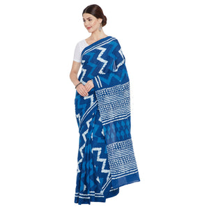 Blue Indigo Screen Print Handcrafted Cotton Saree-Saree-Kalakari India-RDSNSA0110-Cotton, Geographical Indication, Hand Blocks, Hand Crafted, Heritage Prints, Indigo, Sarees, Screen Print, Sustainable Fabrics-[Linen,Ethnic,wear,Fashionista,Handloom,Handicraft,Indigo,blockprint,block,print,Cotton,Chanderi,Blue, latest,classy,party,bollywood,trendy,summer,style,traditional,formal,elegant,unique,style,hand,block,print, dabu,booti,gift,present,glamorous,affordable,collectible,Sari,Saree,printed, hol