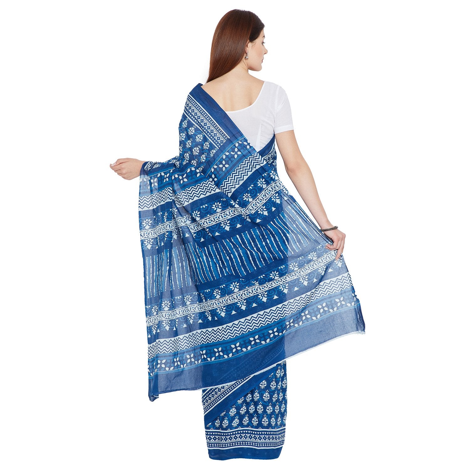 Blue Indigo Screen Print Handcrafted Cotton Saree-Saree-Kalakari India-RDSNSA0111-Cotton, Geographical Indication, Hand Blocks, Hand Crafted, Heritage Prints, Indigo, Sarees, Screen Print, Sustainable Fabrics-[Linen,Ethnic,wear,Fashionista,Handloom,Handicraft,Indigo,blockprint,block,print,Cotton,Chanderi,Blue, latest,classy,party,bollywood,trendy,summer,style,traditional,formal,elegant,unique,style,hand,block,print, dabu,booti,gift,present,glamorous,affordable,collectible,Sari,Saree,printed, hol