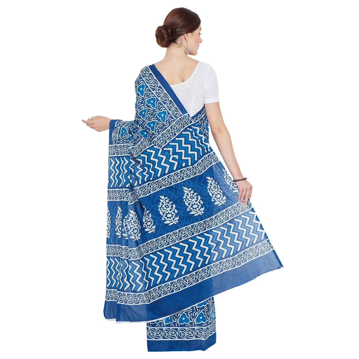 Blue Indigo Screen Print Handcrafted Cotton Saree-Saree-Kalakari India-RDSNSA0112-Cotton, Geographical Indication, Hand Blocks, Hand Crafted, Heritage Prints, Indigo, Sarees, Screen Print, Sustainable Fabrics-[Linen,Ethnic,wear,Fashionista,Handloom,Handicraft,Indigo,blockprint,block,print,Cotton,Chanderi,Blue, latest,classy,party,bollywood,trendy,summer,style,traditional,formal,elegant,unique,style,hand,block,print, dabu,booti,gift,present,glamorous,affordable,collectible,Sari,Saree,printed, hol