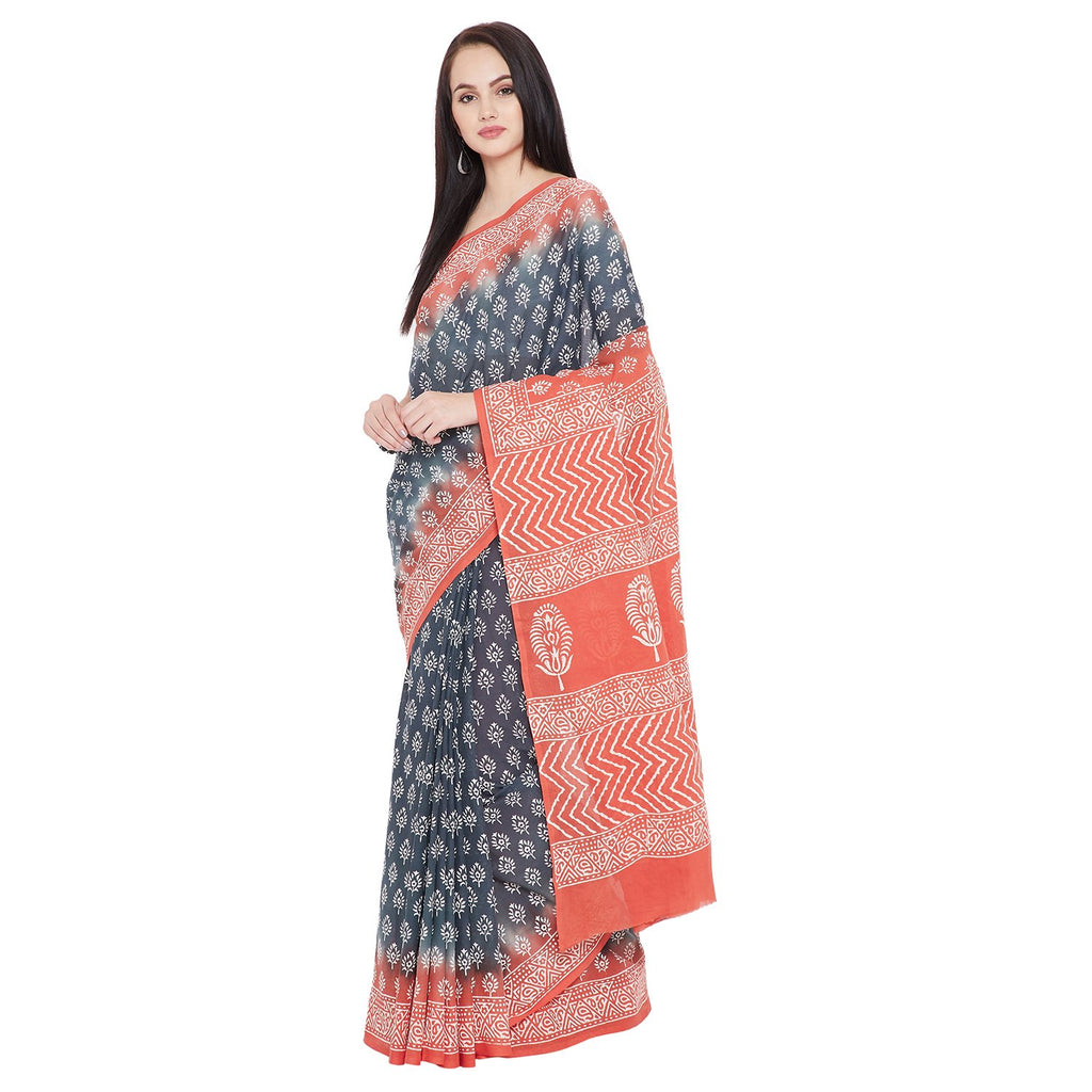 Orange & Grey dabu handblock Print Handcrafted Cotton Saree-Saree-Kalakari India-RDSNSA0113-Cotton, Geographical Indication, Hand Blocks, Hand Crafted, Heritage Prints, Sanganeri, Sustainable Fabrics-[Linen,Ethnic,wear,Fashionista,Handloom,Handicraft,Indigo,blockprint,block,print,Cotton,Chanderi,Blue, latest,classy,party,bollywood,trendy,summer,style,traditional,formal,elegant,unique,style,hand,block,print, dabu,booti,gift,present,glamorous,affordable,collectible,Sari,Saree,printed, holi, Diwali