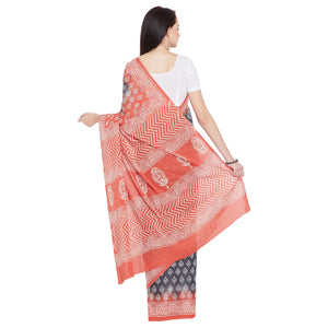 Orange & Grey dabu handblock Print Handcrafted Cotton Saree-Saree-Kalakari India-RDSNSA0113-Cotton, Geographical Indication, Hand Blocks, Hand Crafted, Heritage Prints, Sanganeri, Sustainable Fabrics-[Linen,Ethnic,wear,Fashionista,Handloom,Handicraft,Indigo,blockprint,block,print,Cotton,Chanderi,Blue, latest,classy,party,bollywood,trendy,summer,style,traditional,formal,elegant,unique,style,hand,block,print, dabu,booti,gift,present,glamorous,affordable,collectible,Sari,Saree,printed, holi, Diwali