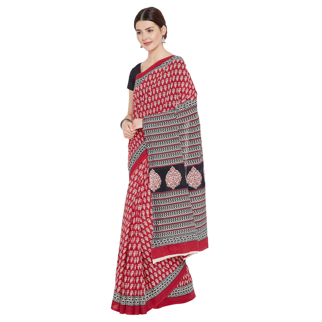 Red & White Sanganeri Hand Block Print Handcrafted Cotton Saree-Saree-Kalakari India-RDSNSA0114-Cotton, Geographical Indication, Hand Blocks, Hand Crafted, Heritage Prints, Sanganeri, Sustainable Fabrics-[Linen,Ethnic,wear,Fashionista,Handloom,Handicraft,Indigo,blockprint,block,print,Cotton,Chanderi,Blue, latest,classy,party,bollywood,trendy,summer,style,traditional,formal,elegant,unique,style,hand,block,print, dabu,booti,gift,present,glamorous,affordable,collectible,Sari,Saree,printed, holi, Di