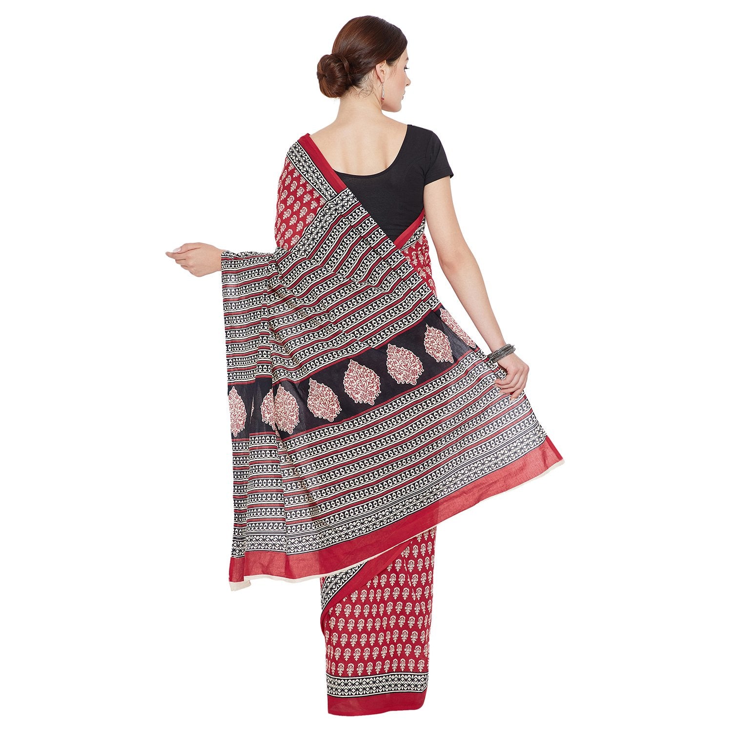 Red & White Sanganeri Hand Block Print Handcrafted Cotton Saree-Saree-Kalakari India-RDSNSA0114-Cotton, Geographical Indication, Hand Blocks, Hand Crafted, Heritage Prints, Sanganeri, Sustainable Fabrics-[Linen,Ethnic,wear,Fashionista,Handloom,Handicraft,Indigo,blockprint,block,print,Cotton,Chanderi,Blue, latest,classy,party,bollywood,trendy,summer,style,traditional,formal,elegant,unique,style,hand,block,print, dabu,booti,gift,present,glamorous,affordable,collectible,Sari,Saree,printed, holi, Di