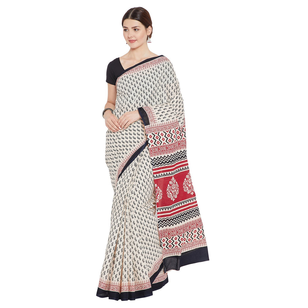 Red & White Sanganeri Hand Block Print Handcrafted Cotton Saree-Saree-Kalakari India-RDSNSA0115-Cotton, Geographical Indication, Hand Blocks, Hand Crafted, Heritage Prints, Sanganeri, Sustainable Fabrics-[Linen,Ethnic,wear,Fashionista,Handloom,Handicraft,Indigo,blockprint,block,print,Cotton,Chanderi,Blue, latest,classy,party,bollywood,trendy,summer,style,traditional,formal,elegant,unique,style,hand,block,print, dabu,booti,gift,present,glamorous,affordable,collectible,Sari,Saree,printed, holi, Di